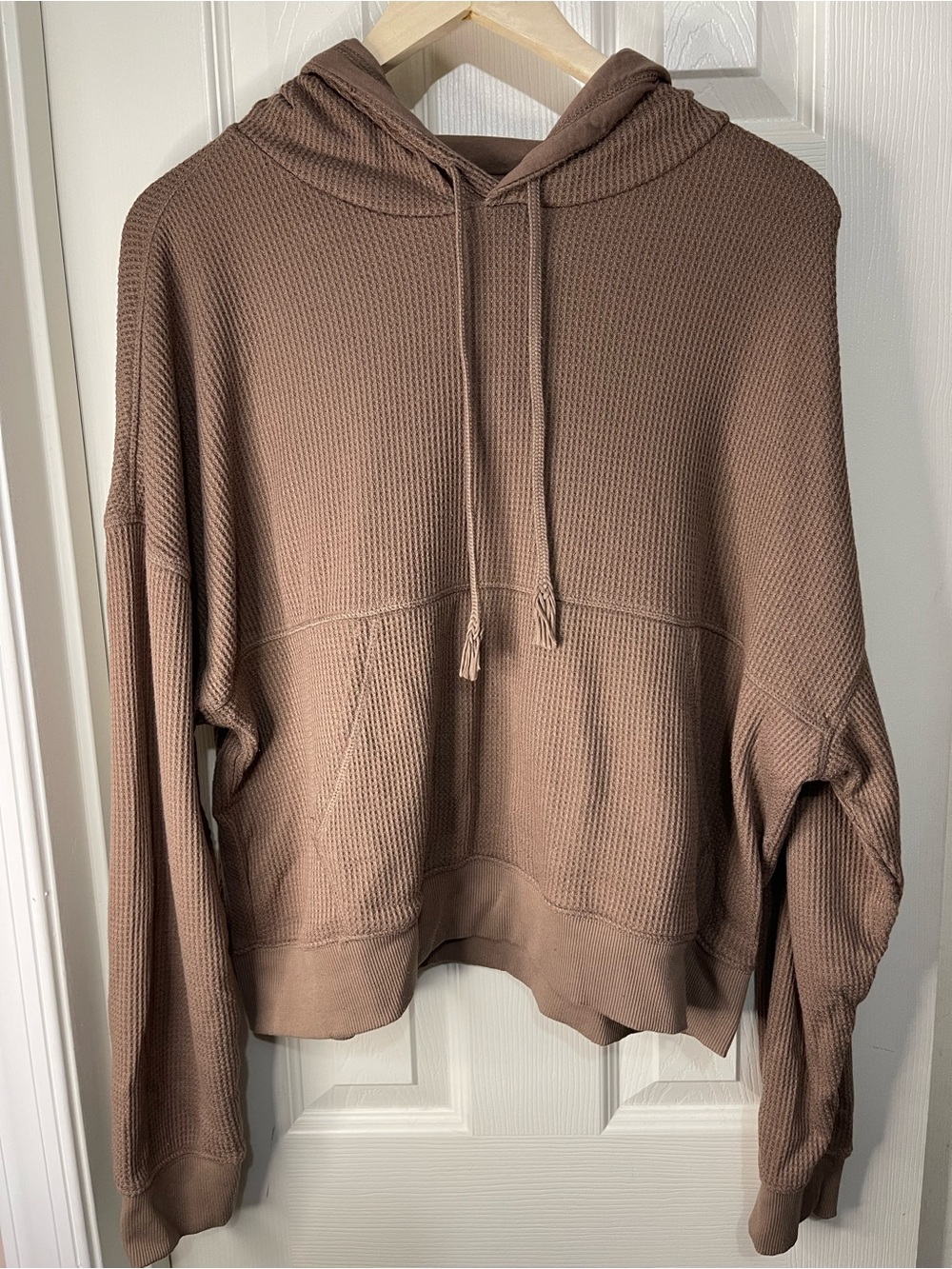 Brown Slouchy Neutral Waffle Knit Pullover Boxy Hoodie Kangaroo Pocket large